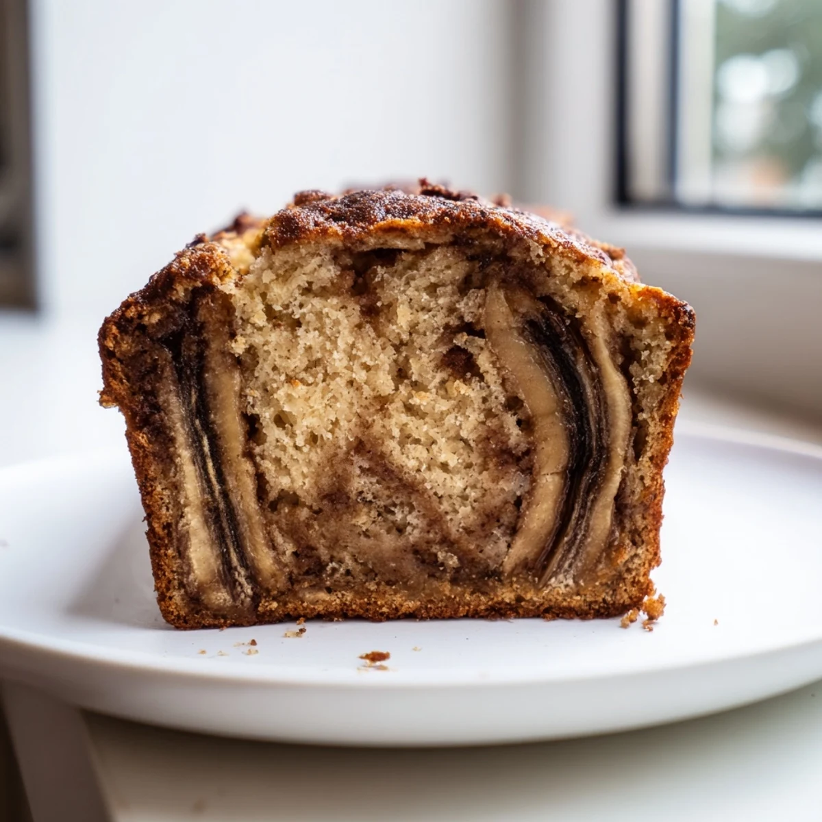 Moist cinnamon sugar swirl banana bread with ribbons of spiced sweetness throughout tender crumb