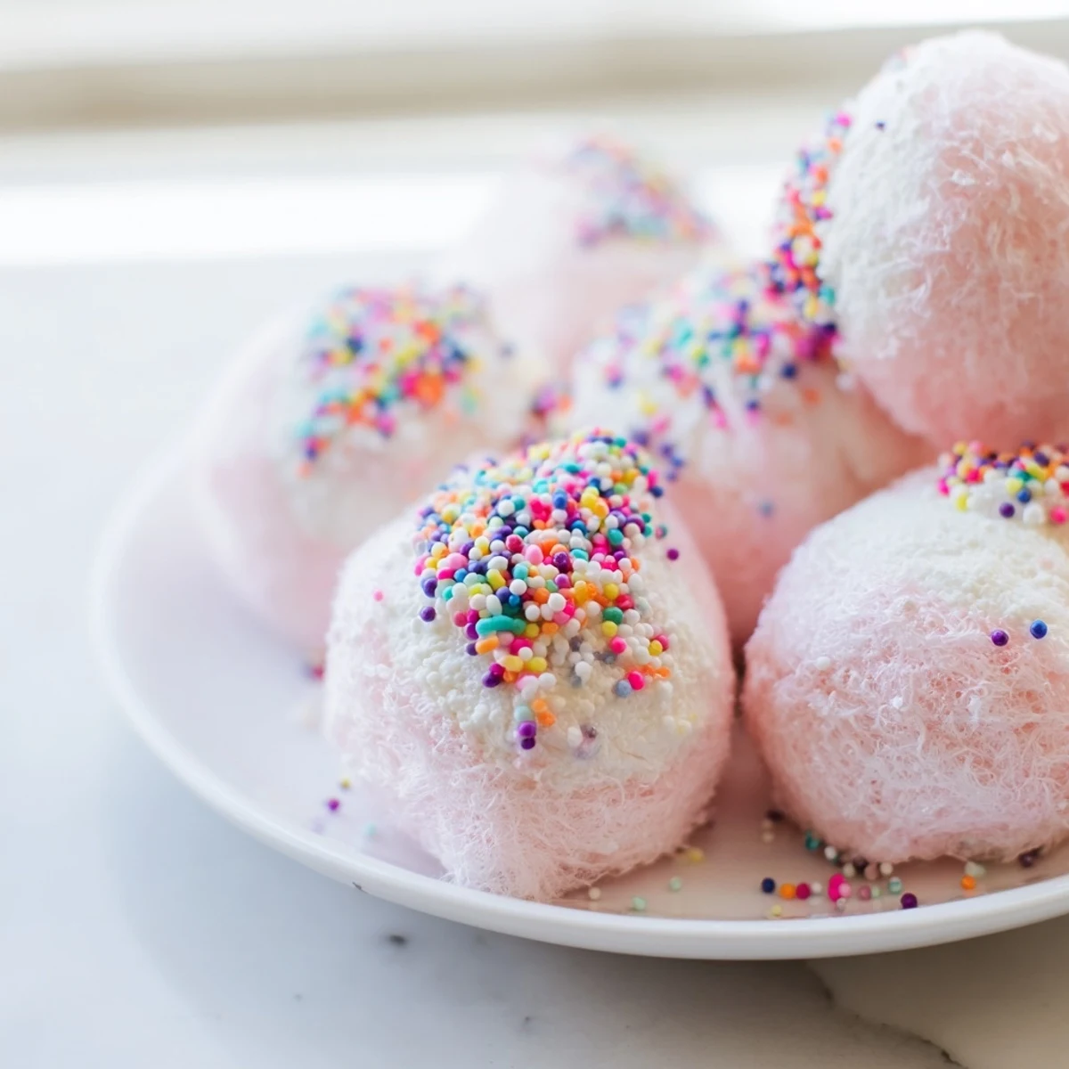 Mini cotton candy cheesecake puff balls with fluffy pink spun sugar coating on white plate