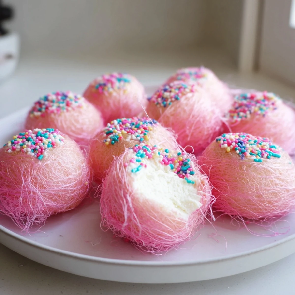 Creamy mini cotton candy cheesecake puff balls topped with colorful rainbow sprinkles for parties