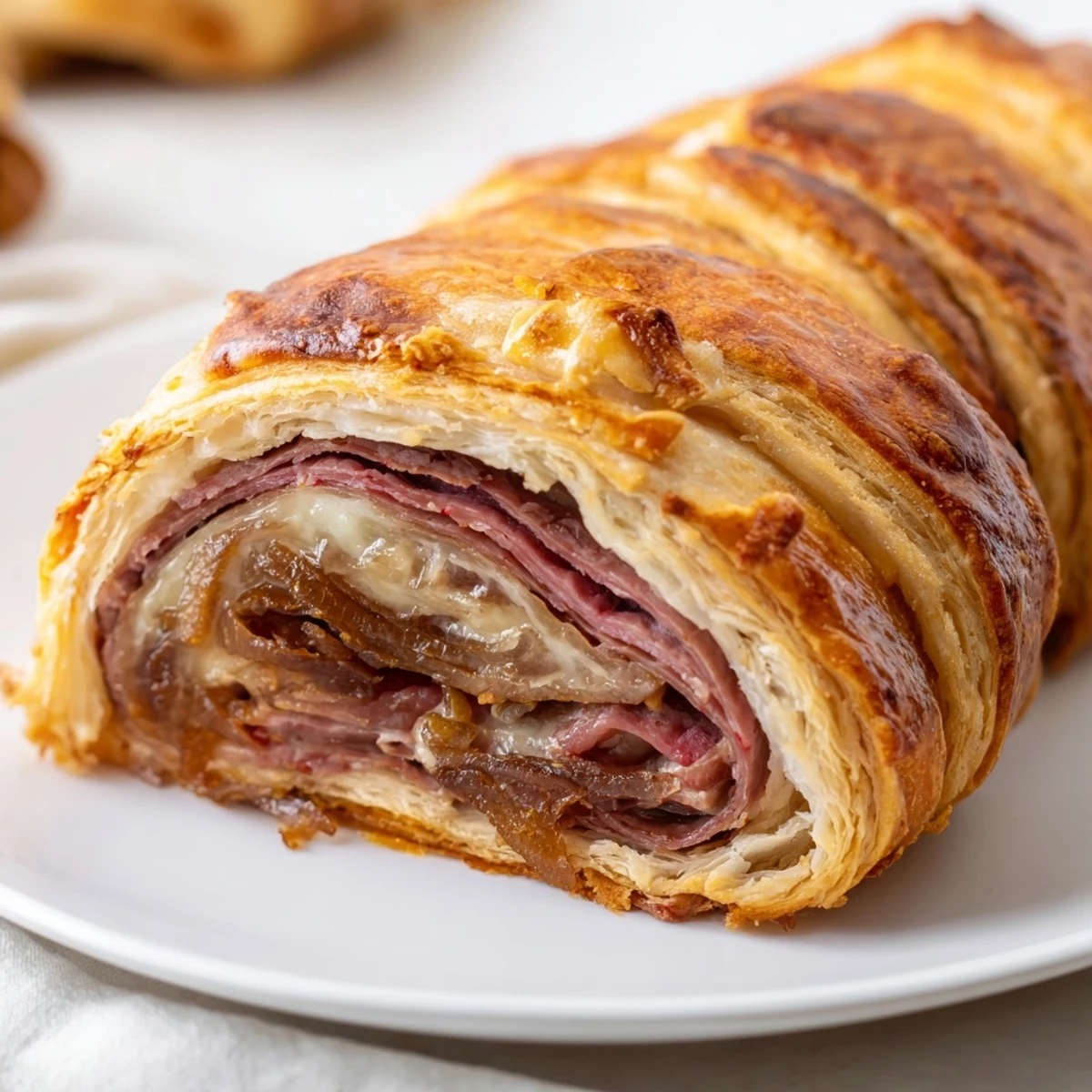 Crescent-wrapped beef and cheese French dip roll ups bubbling with melted provolone beside warm broth