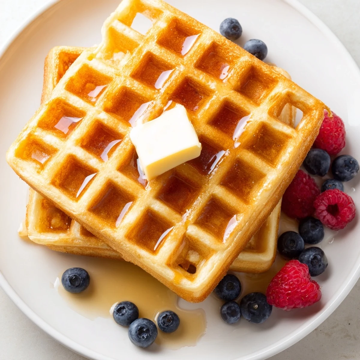 Golden crispy Greek yogurt waffles stacked on a plate with fresh berries and maple syrup