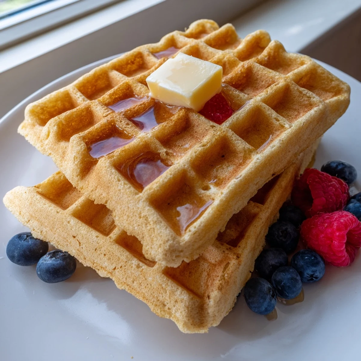 Fluffy Greek yogurt waffles with golden grids served warm with butter and honey drizzle