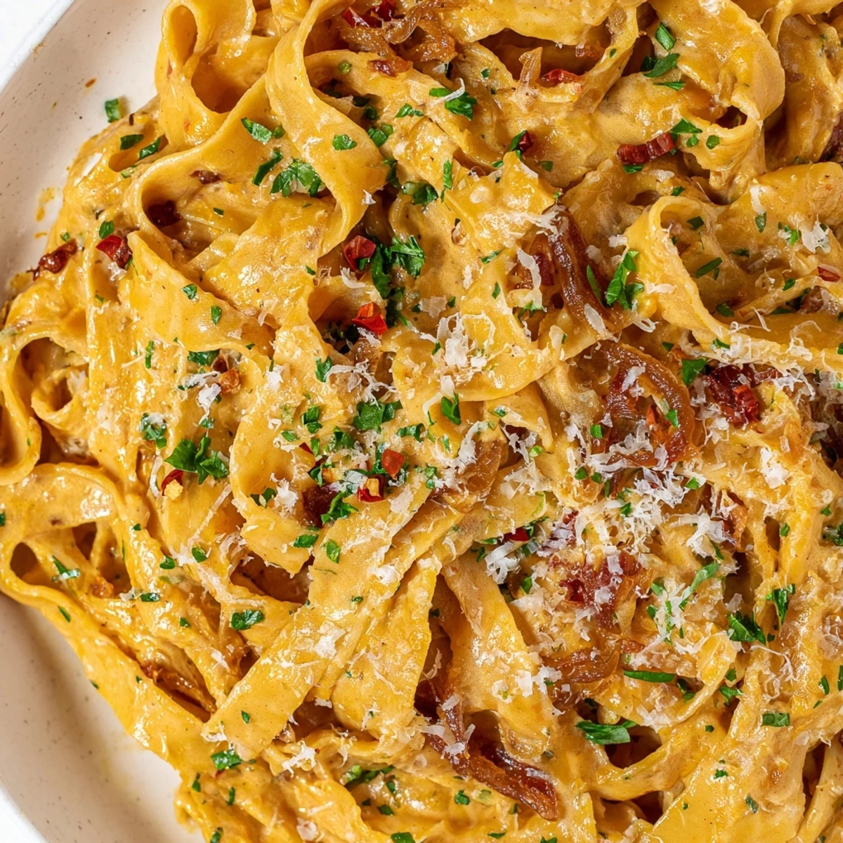 Creamy Sweet Heat Caramelized Onion Fettuccine tossed with golden onions and fresh parsley garnish