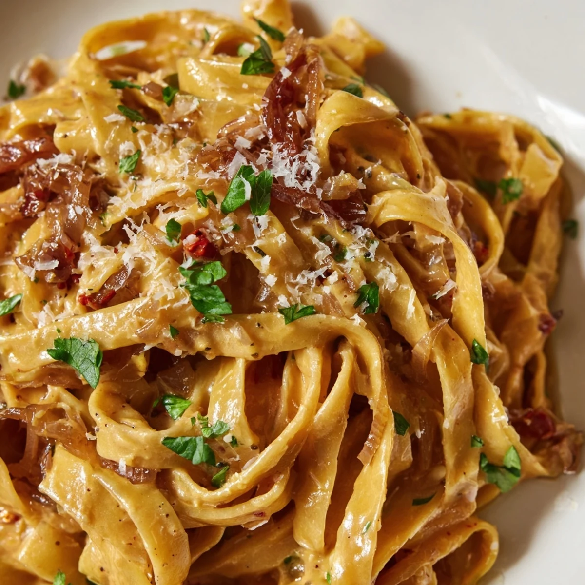 Sweet Heat Caramelized Onion Fettuccine in silky cream sauce topped with grated Parmesan cheese