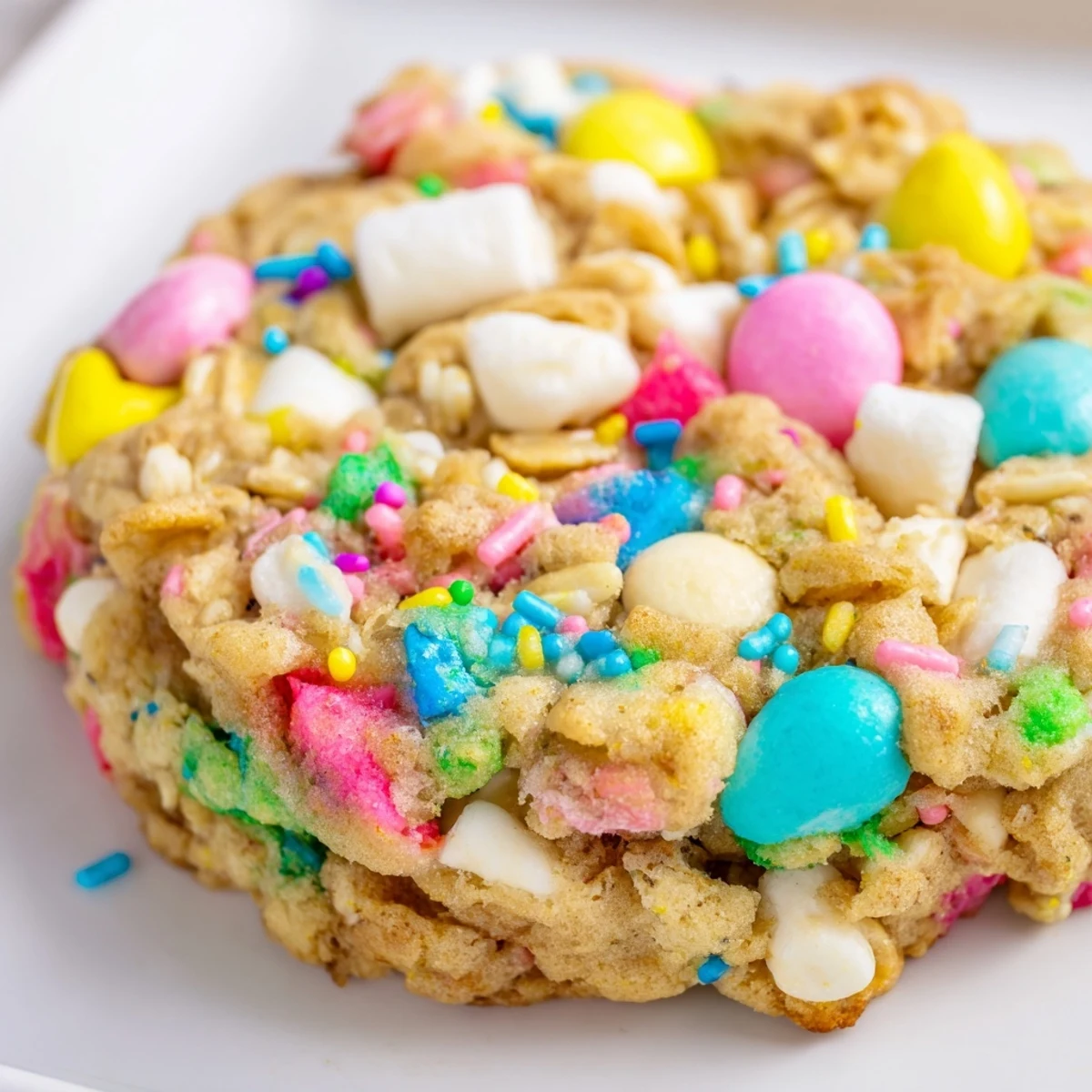 Colorful Easter Trash Cookies loaded with pastel candies, pretzels, and sprinkles on a rustic baking sheet.