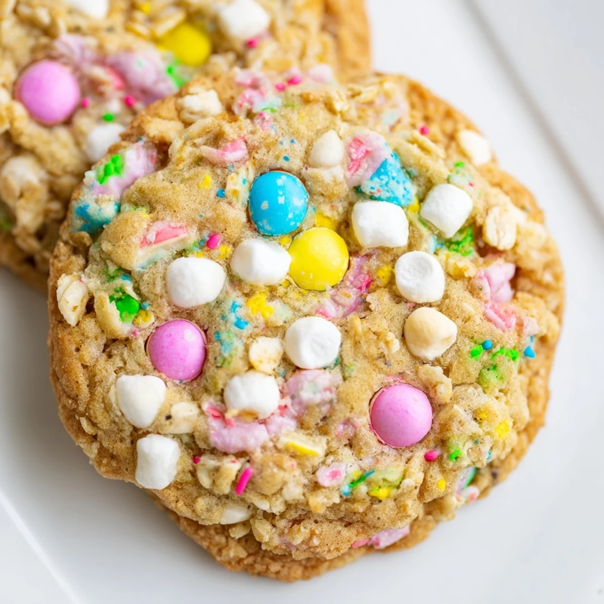 Chewy Easter Trash Cookies with crispy cereal, mini marshmallows, and candy-coated chocolates in pastel spring hues.
