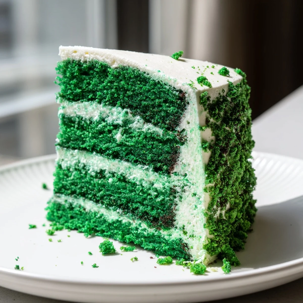 Vibrant green velvet cake with creamy frosting sits on a white cake stand