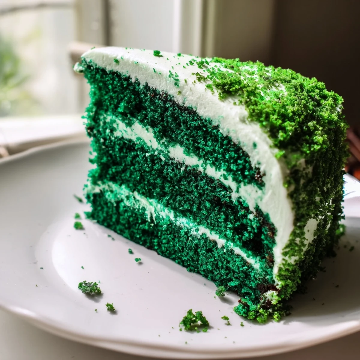 Emerald green velvet cake layers with fluffy cream cheese frosting and sprinkles