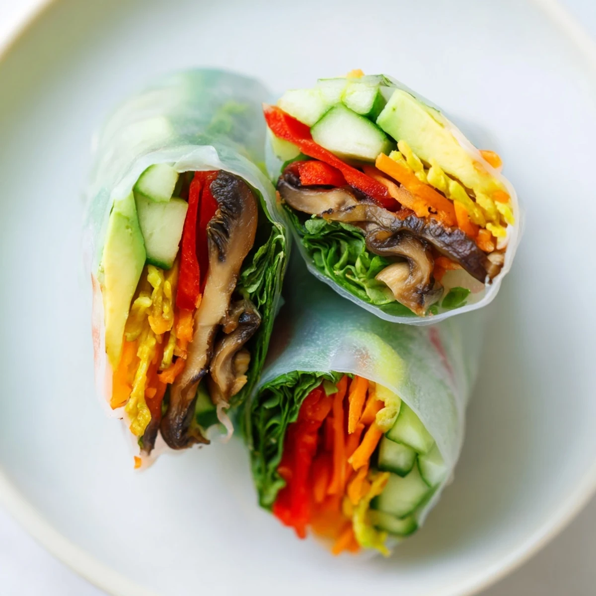 Creamy avocado shiitake spring rolls with crisp vegetables wrapped in translucent rice paper