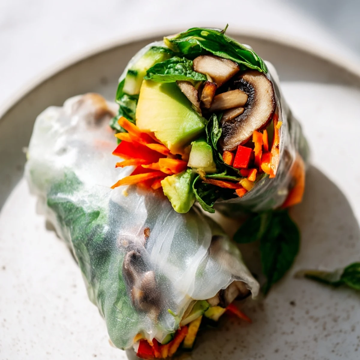 Fresh avocado shiitake spring rolls served with savory soy ginger dipping sauce