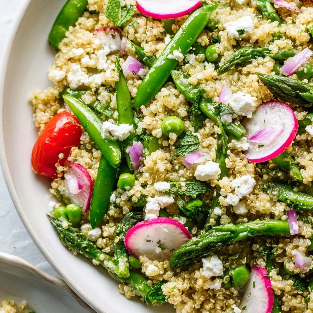 Spring vegetable quinoa salad in a white bowl topped with crumbled feta cheese