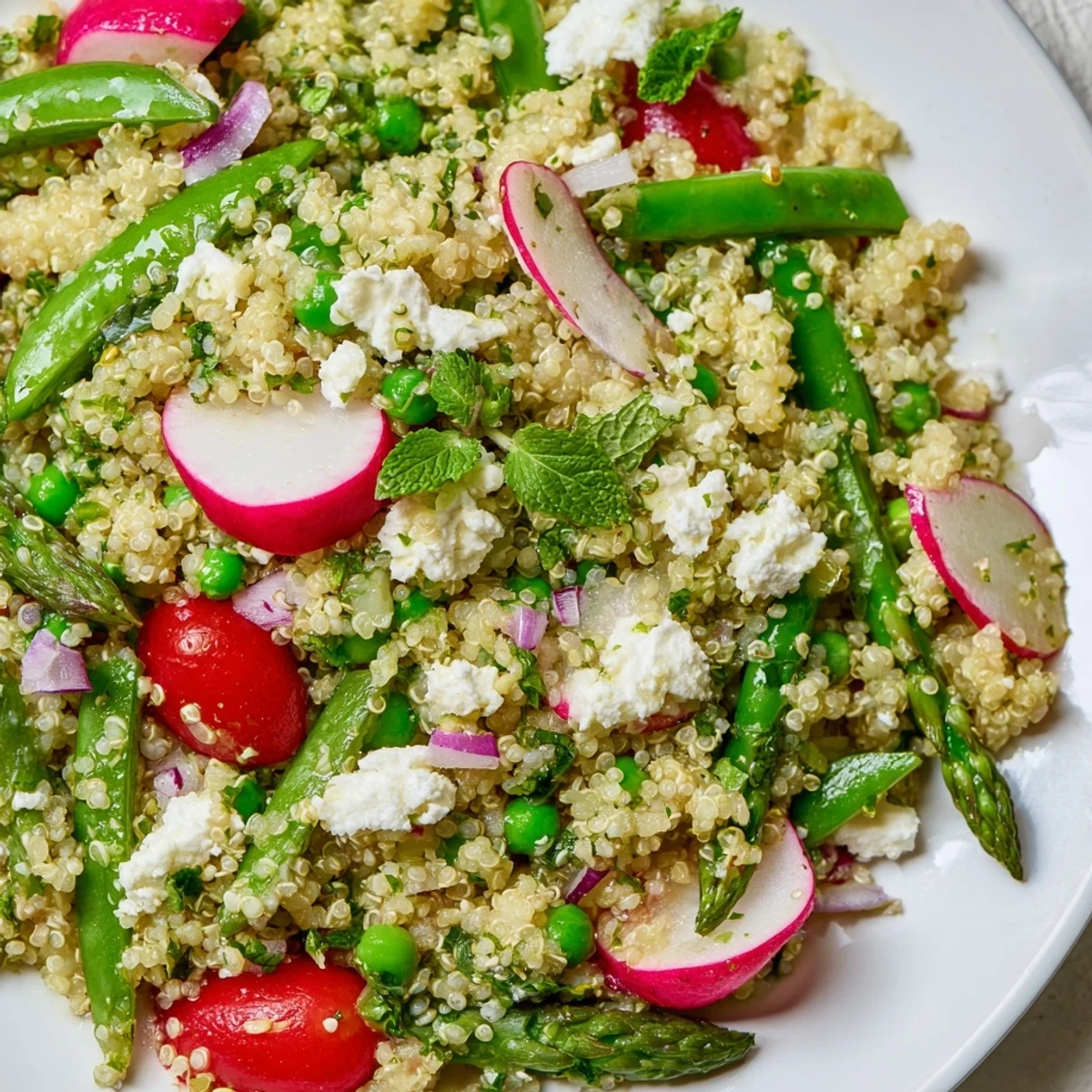 Colorful spring vegetable quinoa salad featuring crisp asparagus radishes and bright lemon dressing