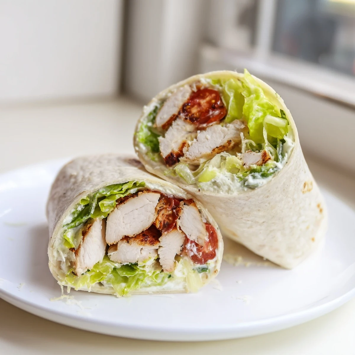 Tender sliced chicken Caesar wraps with fresh romaine lettuce and parmesan ready for lunch