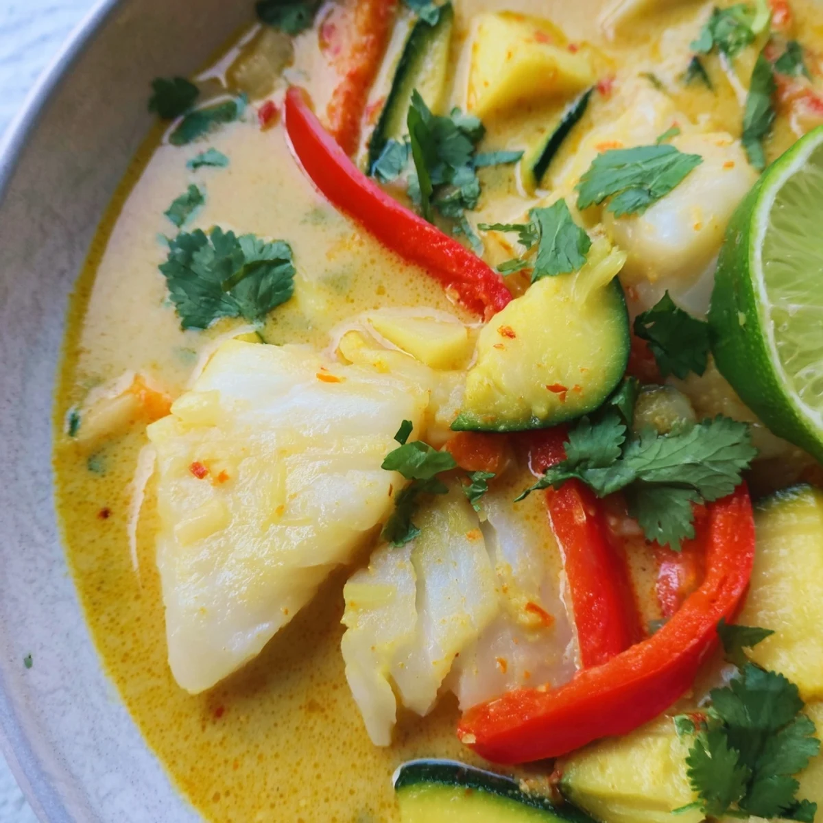 Creamy coconut white fish stew in golden broth with tender vegetables and fresh cilantro