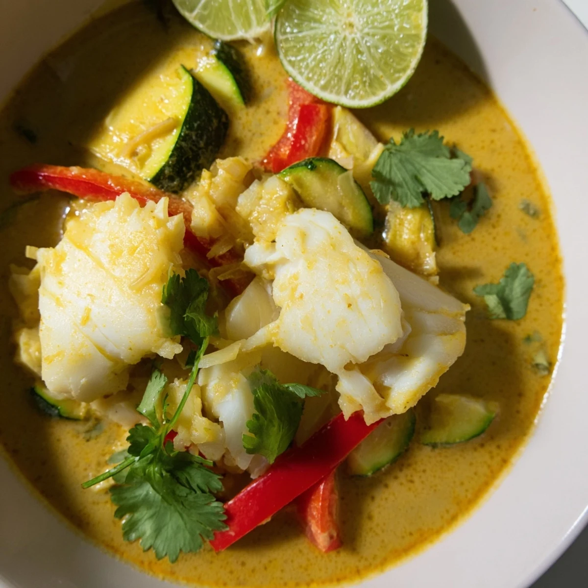 White fish chunks simmered in aromatic coconut stew with colorful bell peppers and lime
