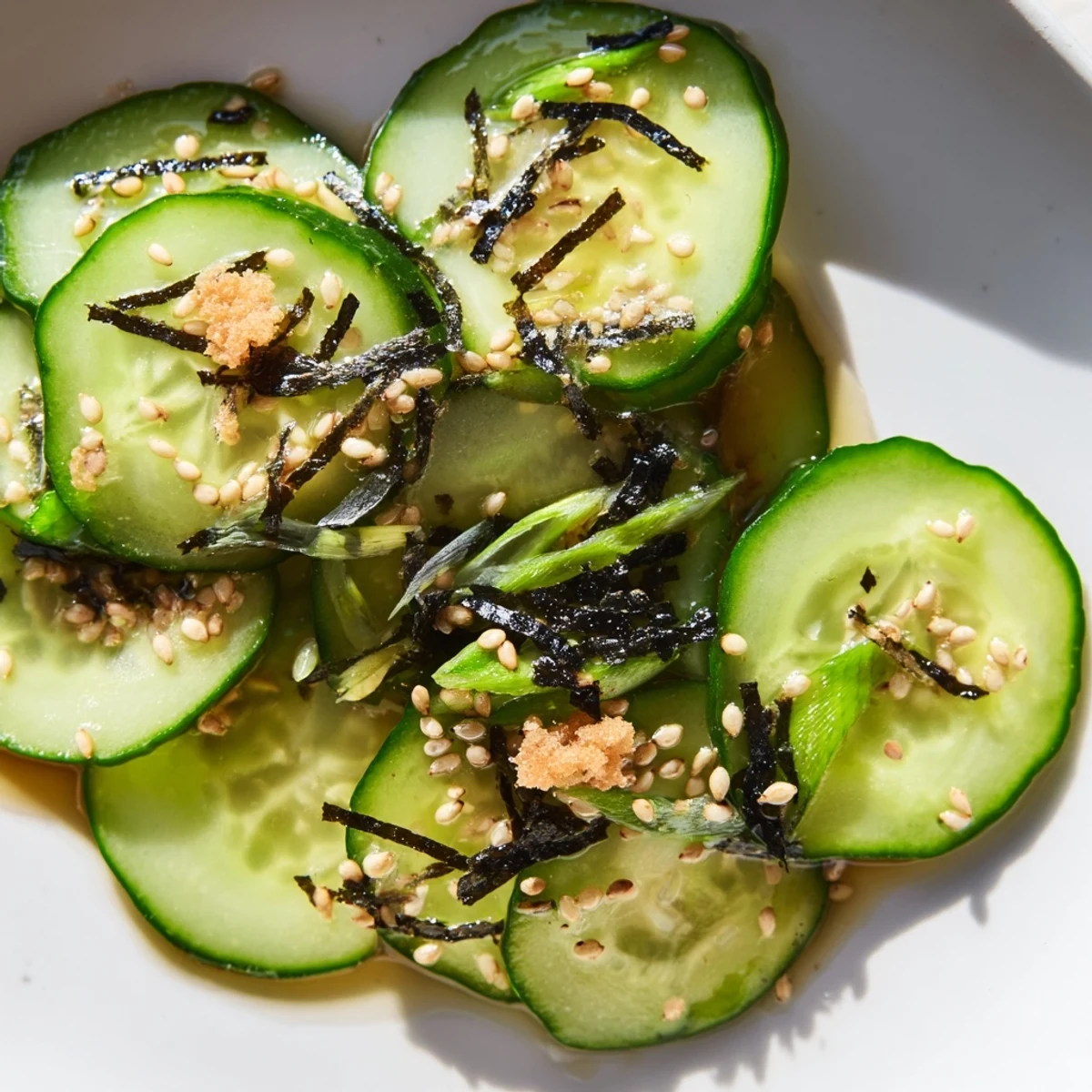 Crisp sushi cucumber salad in a bowl with toasted sesame seeds and nori strips