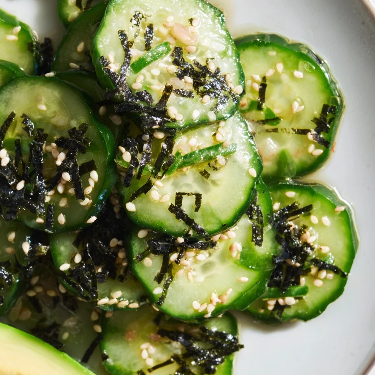 Thinly sliced cucumbers tossed in tangy rice vinegar dressing for this refreshing sushi cucumber salad