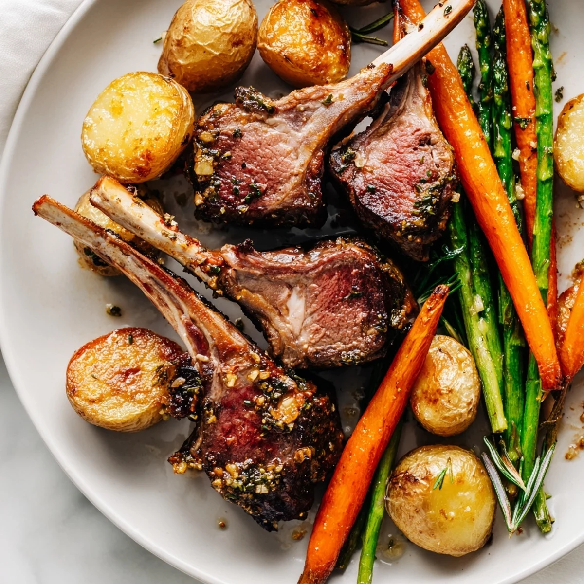 Perfectly seared lamb chops nestled among tender baby potatoes and bright asparagus on a sheet pan Easter dinner