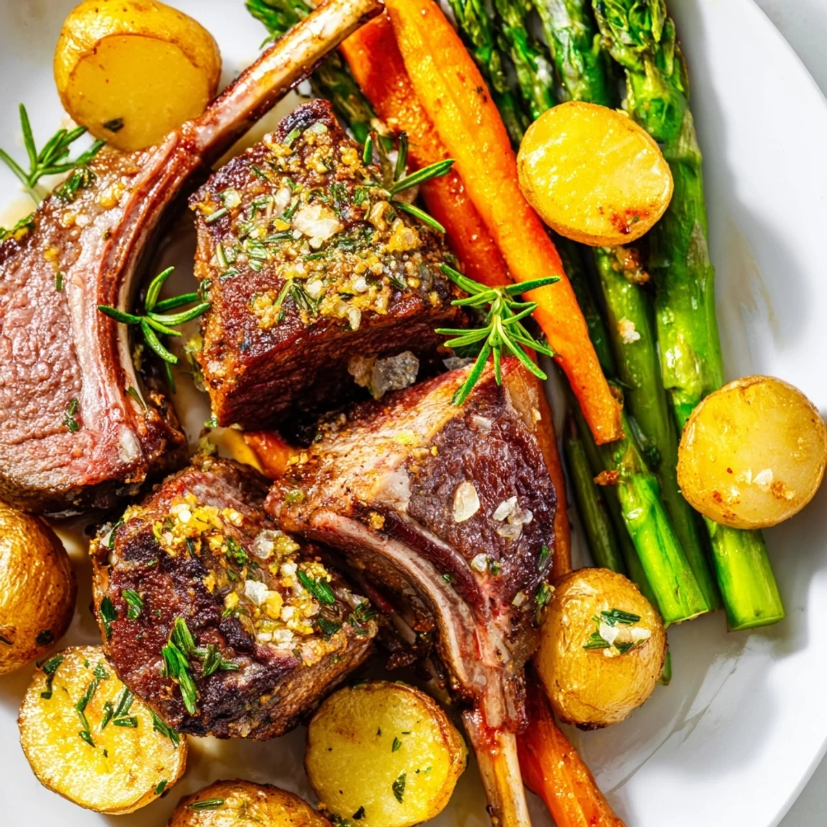 Golden herb-crusted lamb chops and roasted vegetables on a sheet pan Easter dinner