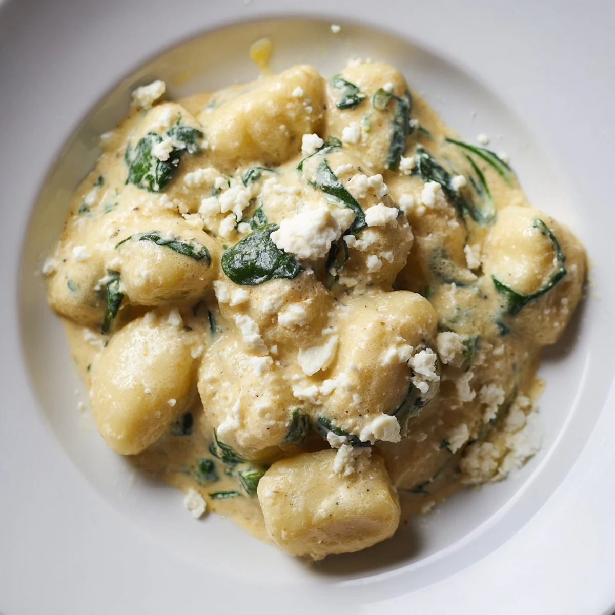 Creamy gnocchi with spinach and feta in a white bowl garnished with black pepper