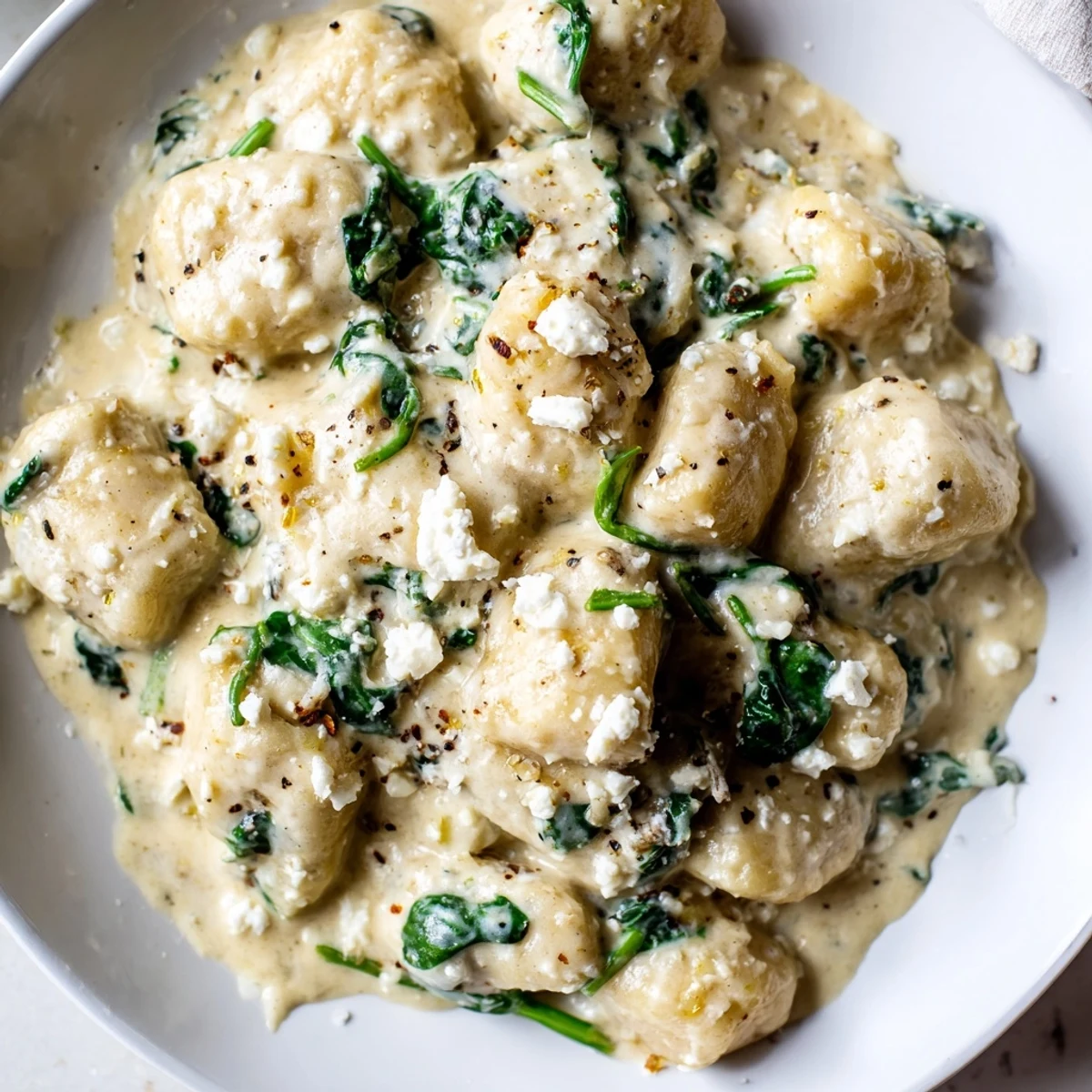 Soft potato gnocchi with spinach and feta glistening in a rich, velvety sauce