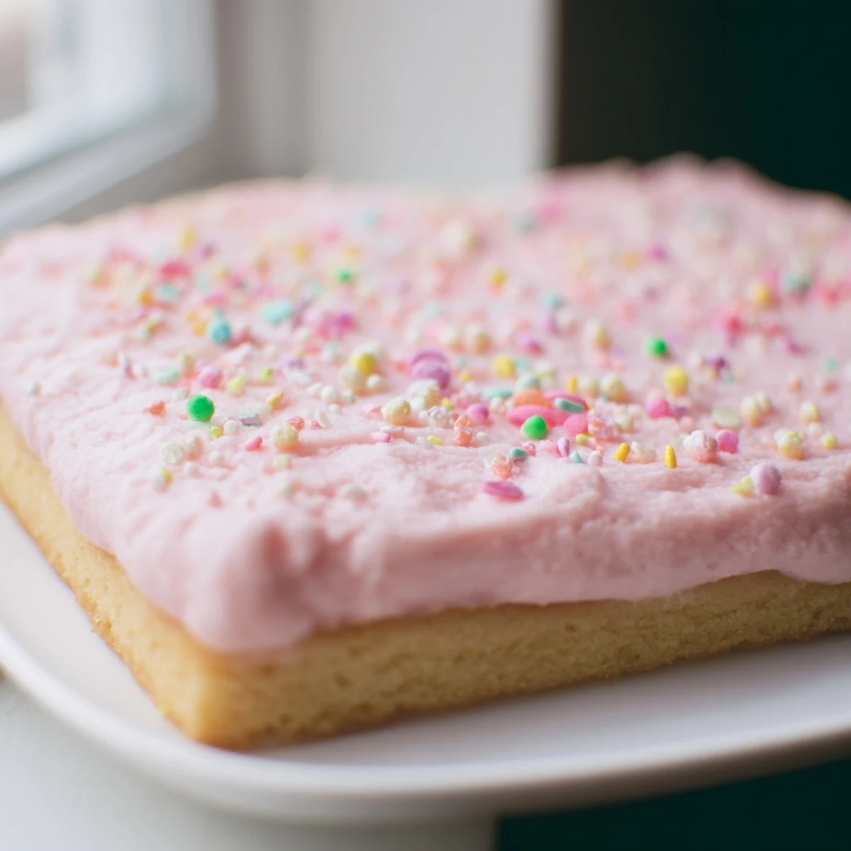 Thick-cut Easter sugar cookie bars topped with creamy pink and yellow buttercream
