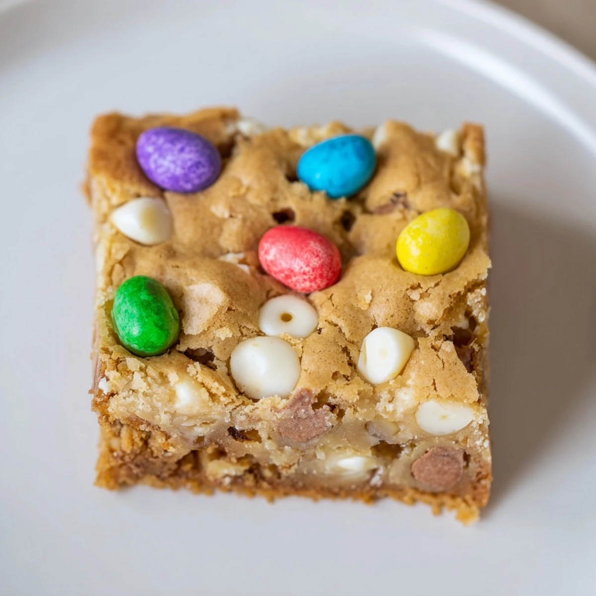 Chewy Cadbury Mini Egg blondies with colorful candy pieces pressed into golden butterscotch batter