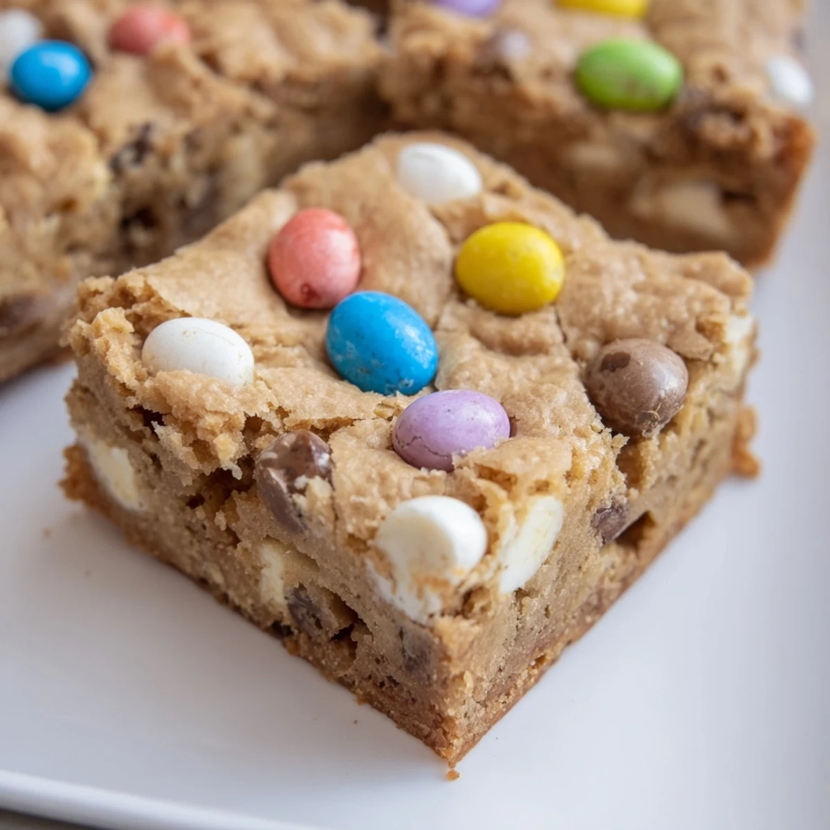 Golden square of Cadbury Mini Egg blondies topped with speckled pastel chocolate candies