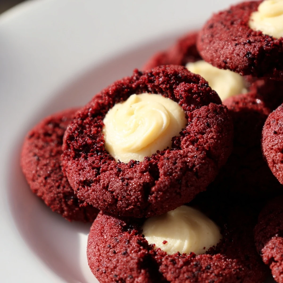 Red velvet thumbprint cookies with creamy cheesecake filling on a white parchment-lined baking sheet.