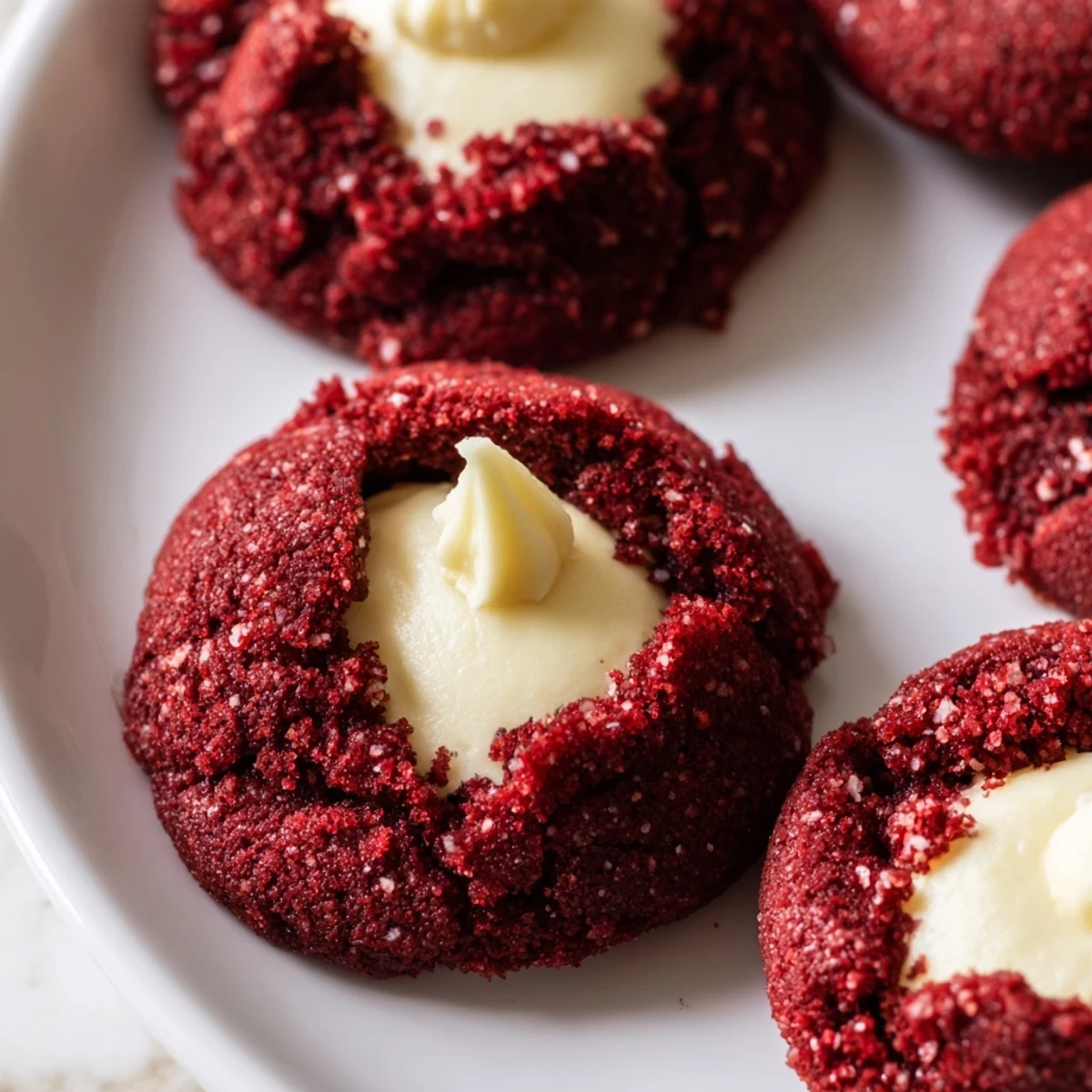 Soft red velvet thumbprint cookies showcase indented centers filled with smooth vanilla cream cheese.