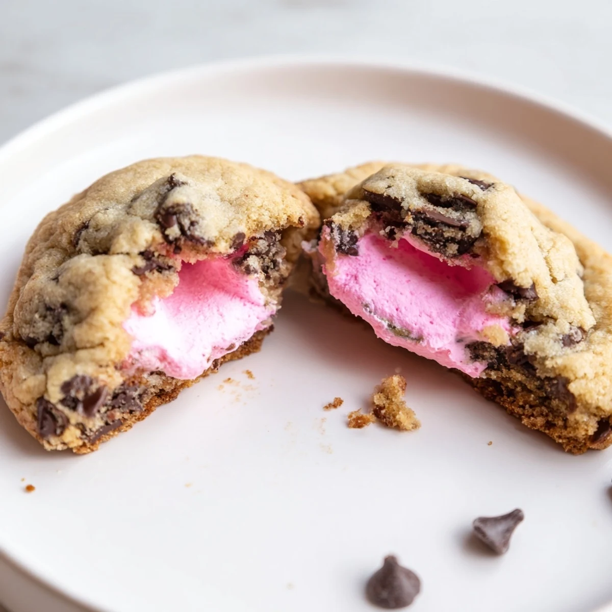 Golden Chocolate Chip Peep Stuffed Easter Cookies with colorful marshmallow centers on rustic baking sheet