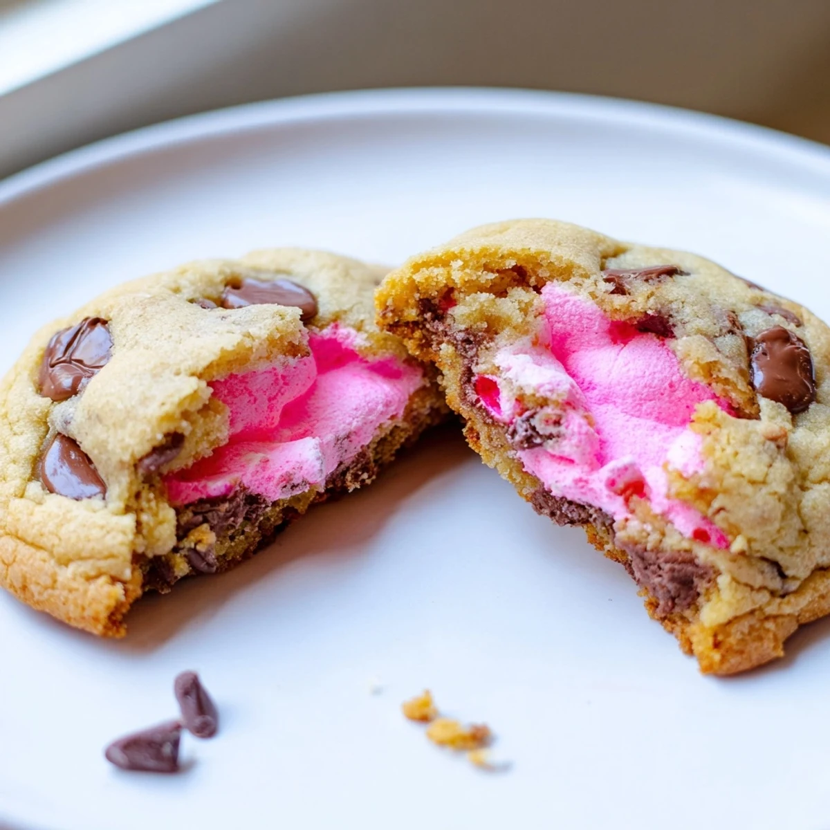 Chewy Chocolate Chip Peep Stuffed Easter Cookies revealing melted pastel Peep surprise inside