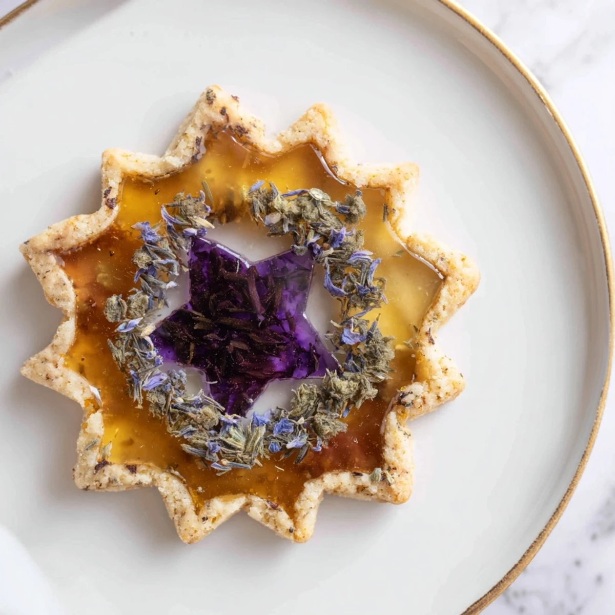 Earl Grey stained glass floral cookies arranged on a delicate porcelain plate for afternoon tea