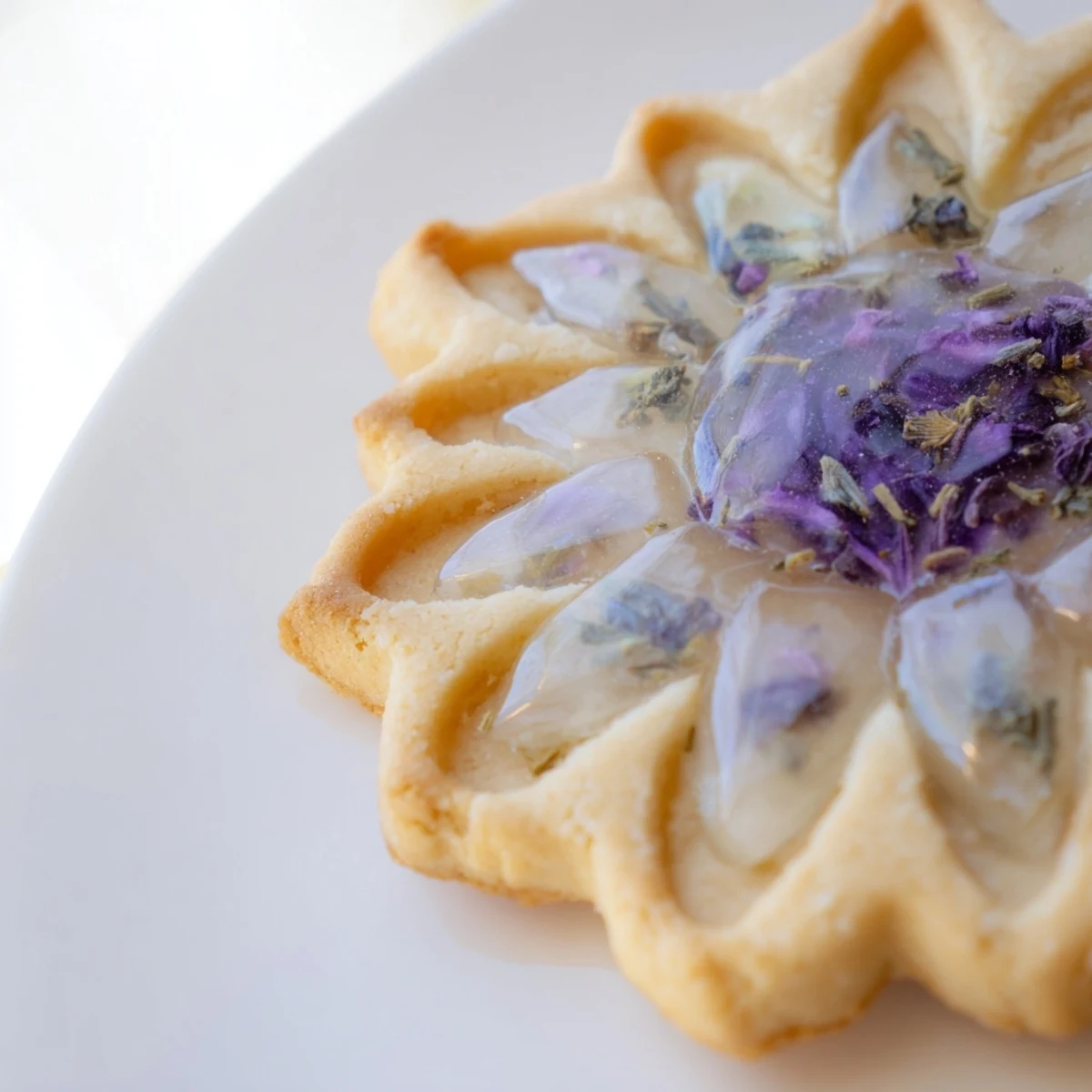 Glossy melted candy centers sparkle on Earl Grey stained glass floral cookies with violet petals
