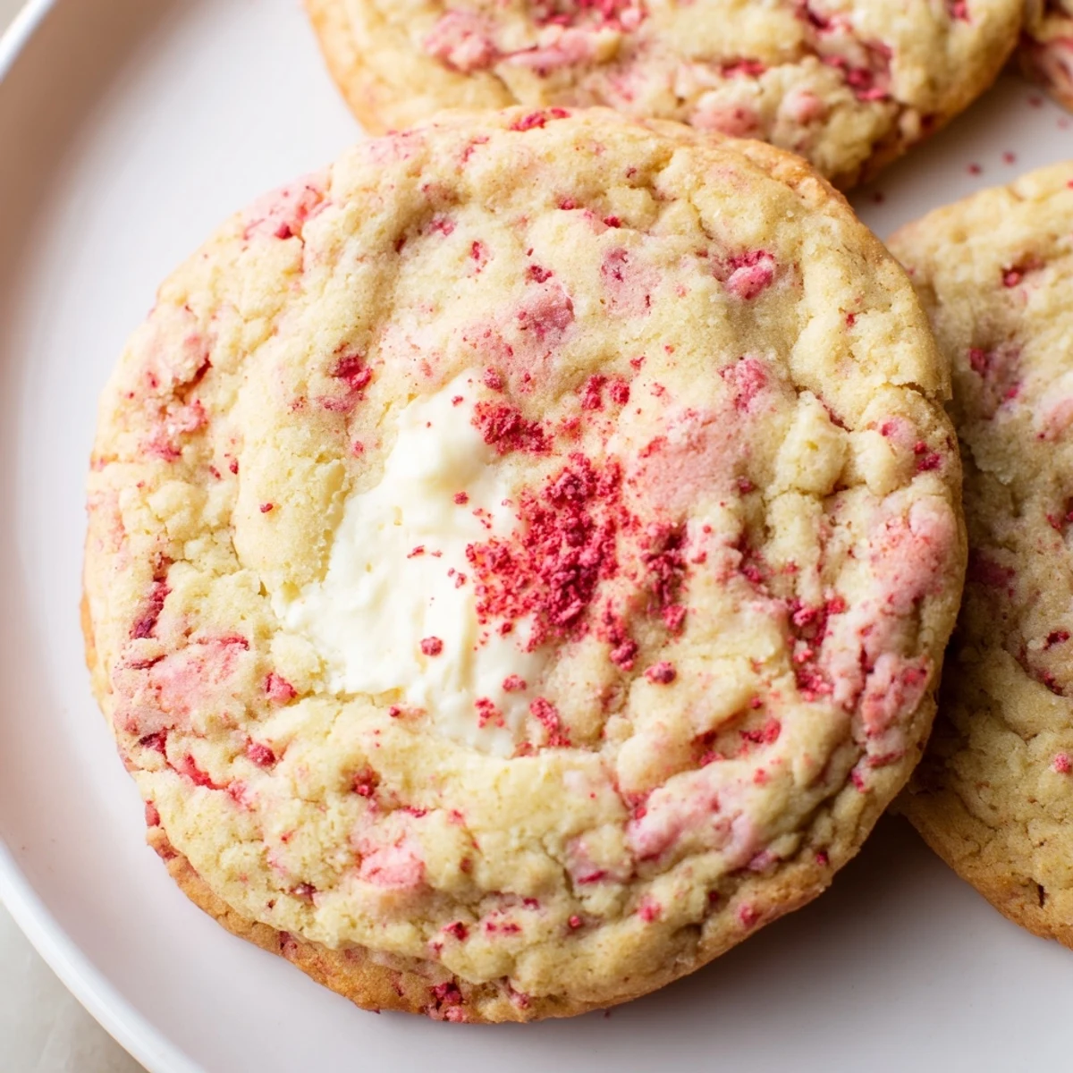Soft strawberry cheesecake cookies with golden edges on a parchment-lined baking sheet