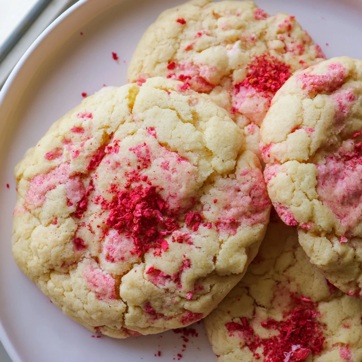 Creamy strawberry cheesecake cookies dusted with crushed berries on a rustic wire rack