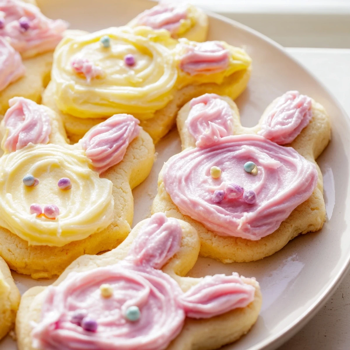 Golden bunny-shaped sugar cookies topped with fluffy buttercream frosting and candy decorations