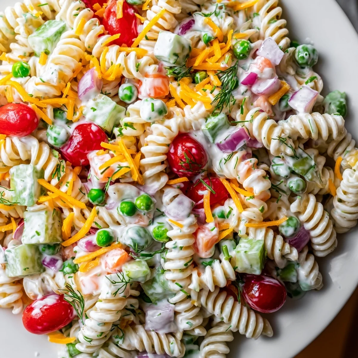Creamy ranch pasta salad in a serving bowl with colorful crisp vegetables and fresh herbs