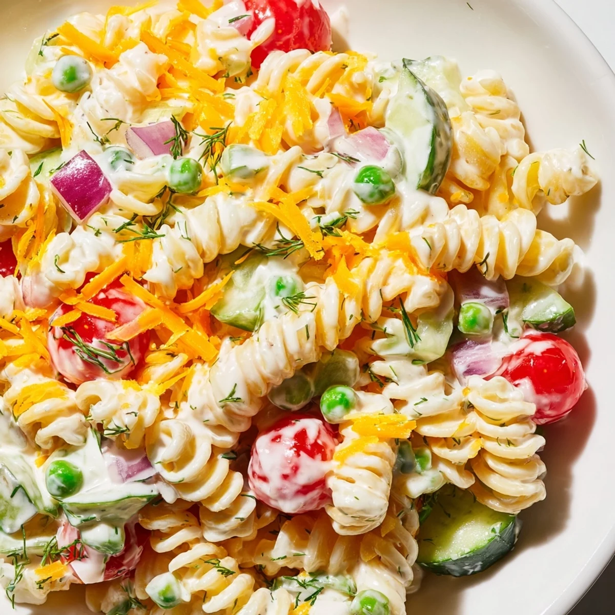 Chilled creamy ranch pasta salad featuring rotini cherry tomatoes cucumber and bell peppers