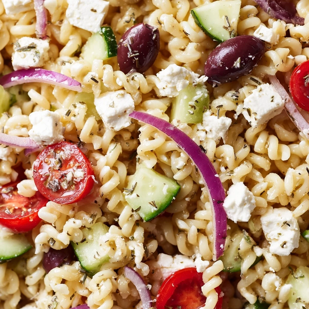 Colorful Greek pasta salad loaded with crisp cucumber, tomatoes, and feta in a bowl
