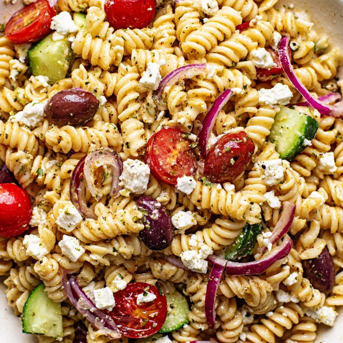 Greek pasta salad with olives, feta cheese, and fresh herbs in zesty dressing