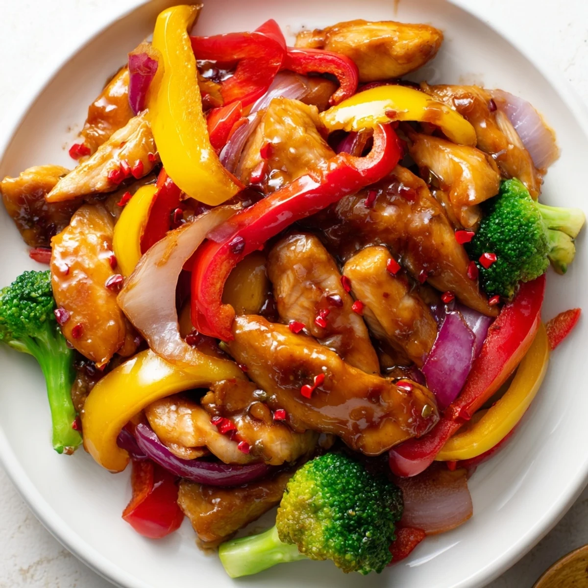 Colorful chicken vegetable stir fry sizzling in a wok with glossy sauce coating every bite