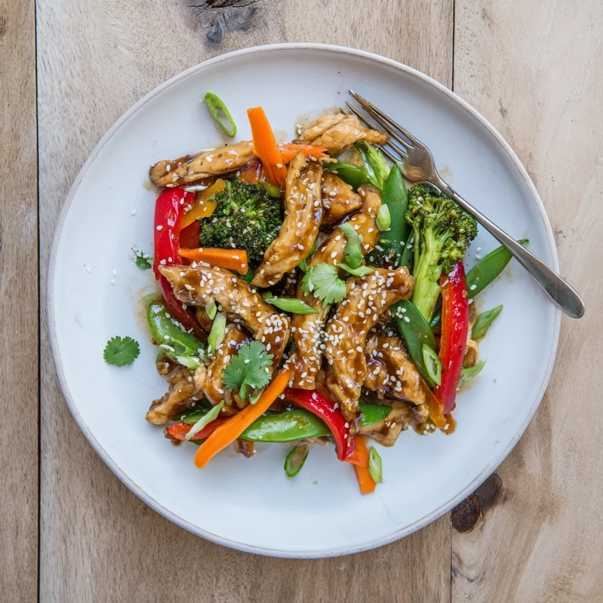 Sesame soy chicken stir fry sizzling in a wok with colorful crisp vegetables and glossy sauce