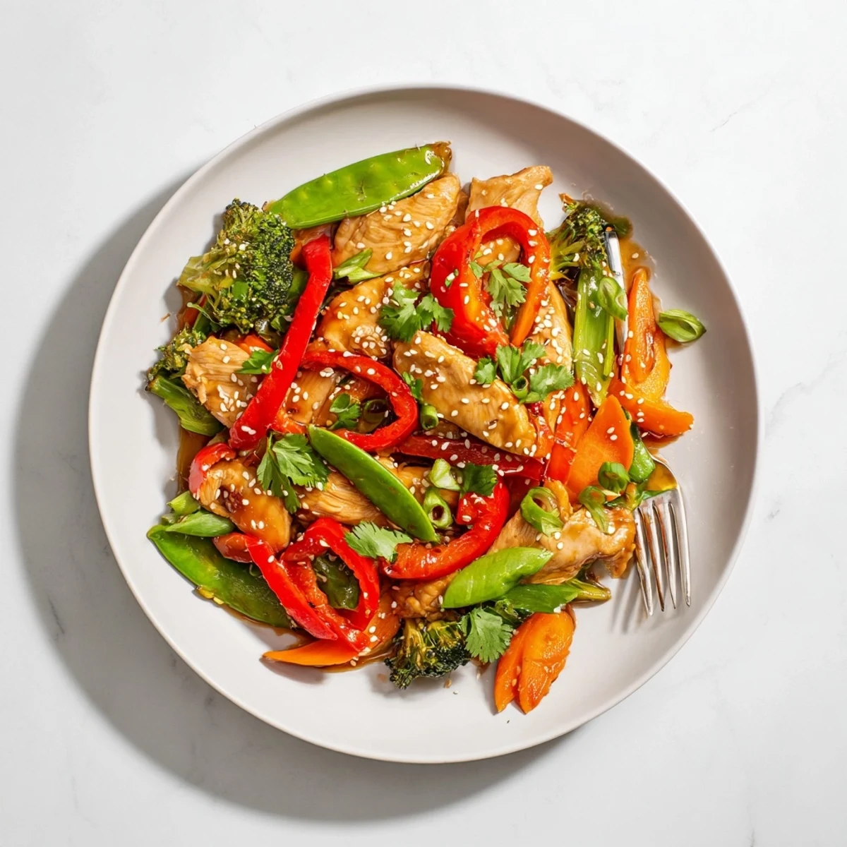 Tender sesame soy chicken stir fry topped with sesame seeds and fresh green onion garnish