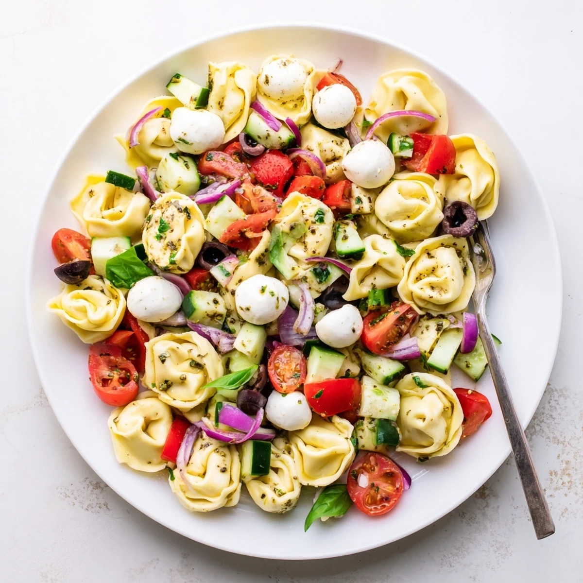 Colorful tortellini pasta salad in a white serving bowl with cherry tomatoes and fresh basil