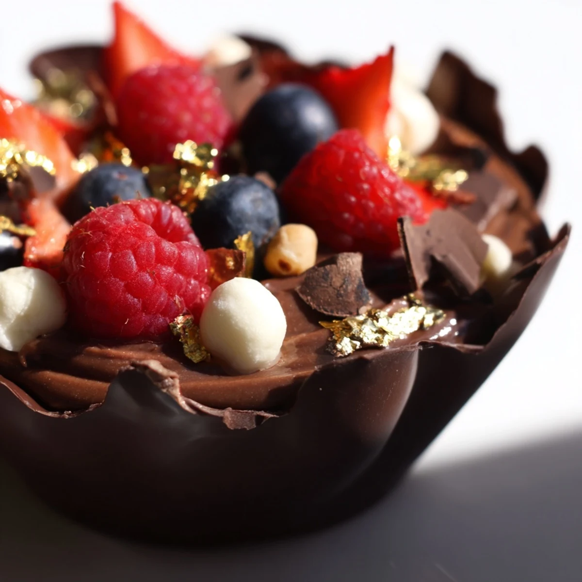 Chocolate grazing cups filled with silky mousse and topped with fresh berries