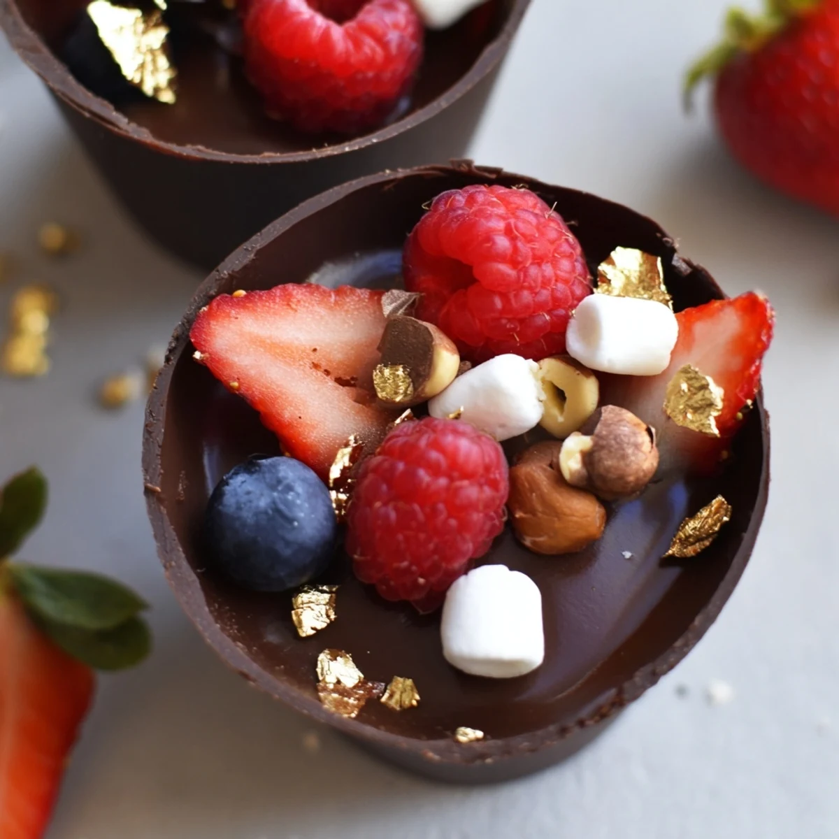 Elegant chocolate grazing cups with glossy mousse and jewel toned berries