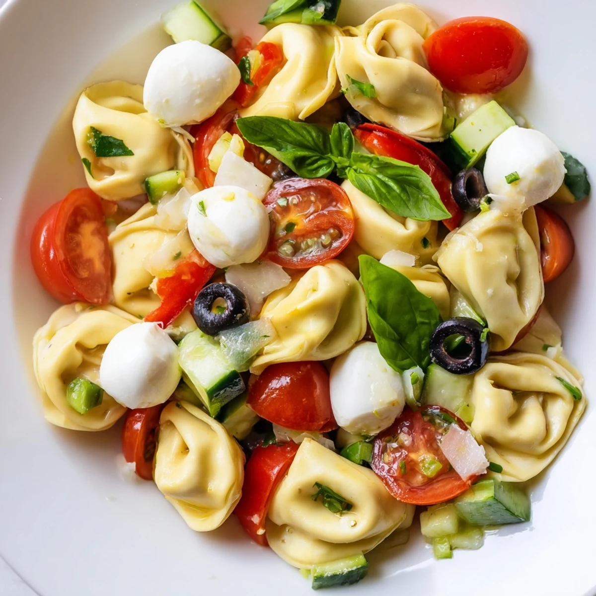 Colorful tortellini salad with cherry tomatoes, cucumber, and tangy Italian dressing in a white serving bowl