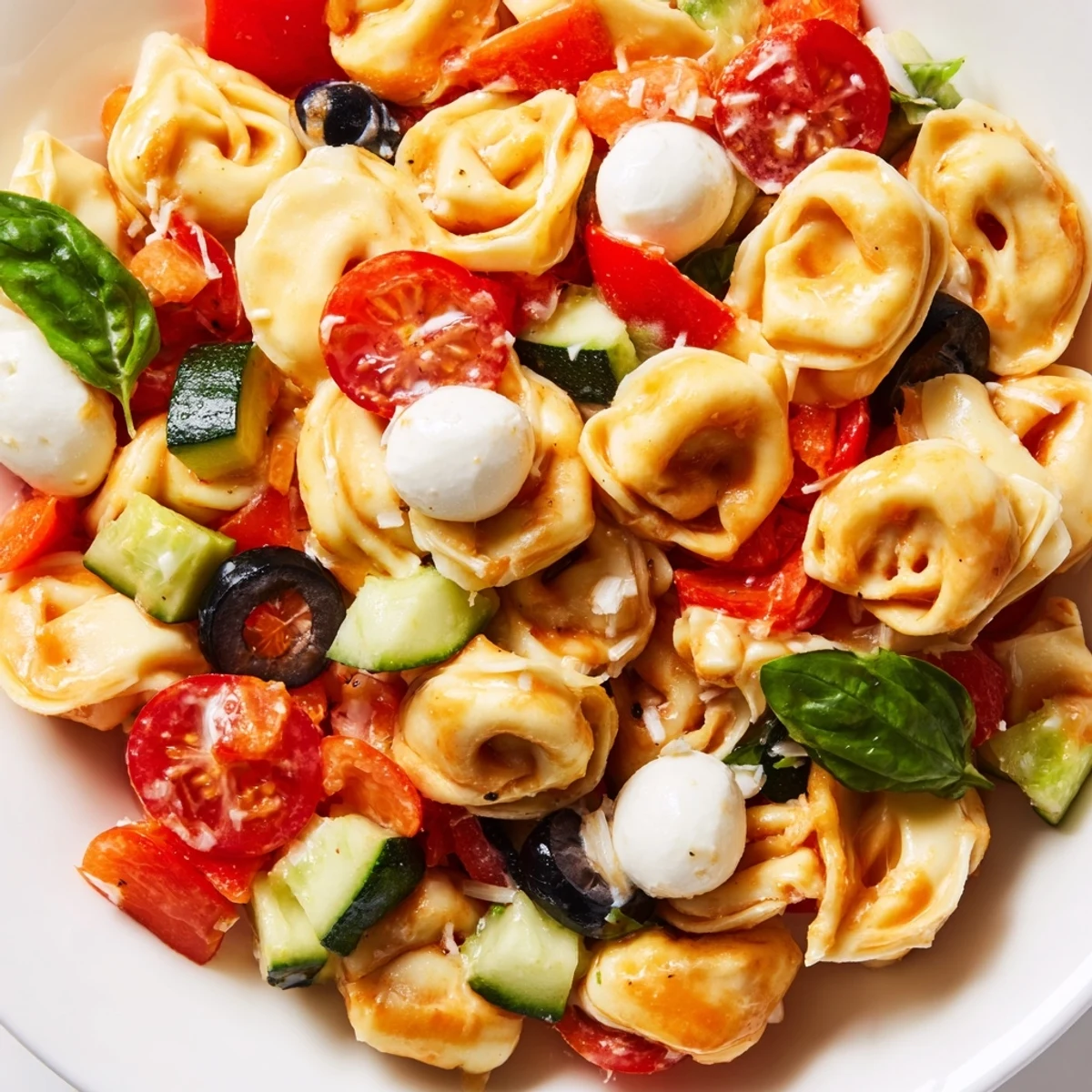Cheese tortellini salad tossed with crisp vegetables, olives, and herbs in a zesty vinaigrette