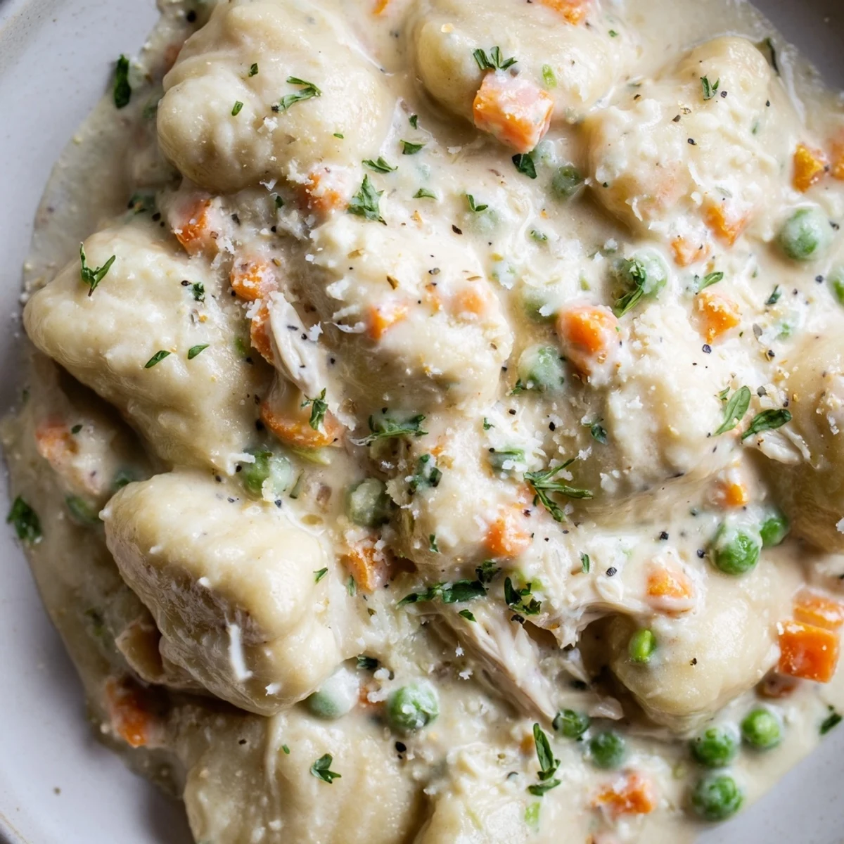 One Pot Gnocchi Chicken Pot Pie with tender chicken and vegetables in creamy sauce